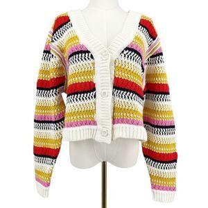 DeLuc Ayden Chunky Knit Crop Cardigan Sweater Striped Size Large